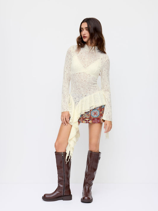 Texture High Neck Pointelle Asymmetrical Ruffle Hem See-through Top