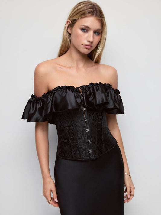 Satin Jacquard Off-shoulder Ruffle Sleeve Corset Metal Detail Blouse