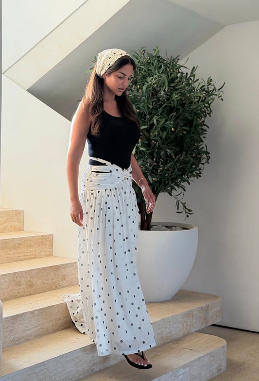 Doraa’s polka dot beige skirt