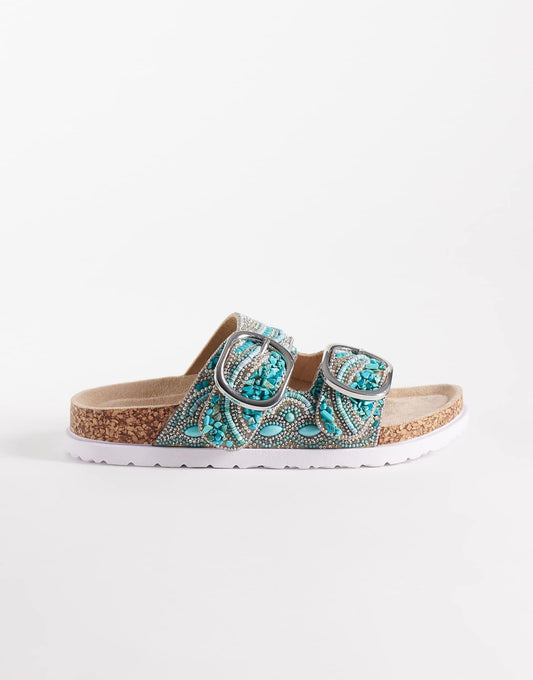 Frost beaded double strap sandal in gold