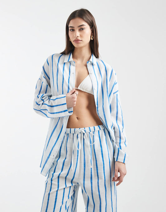 Long sleeve beach cotton shirt in blue stripe
