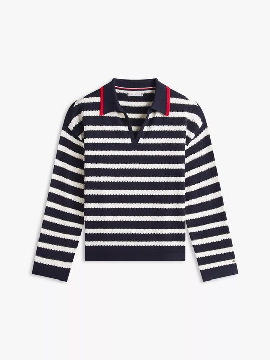 Breton Stripe Pointelle Sweater Polo