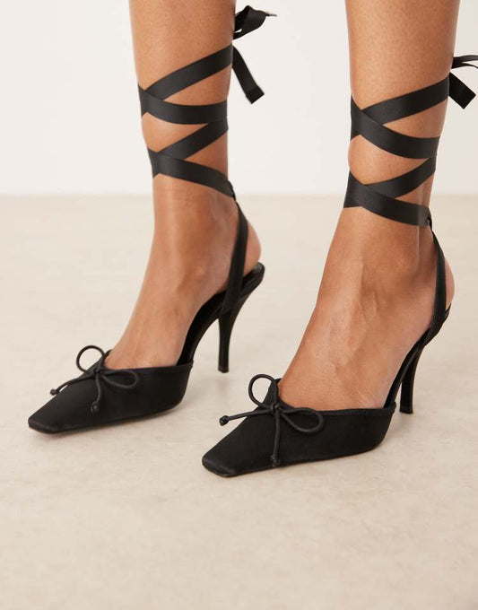 Peony tie leg detail high heel shoes in satin