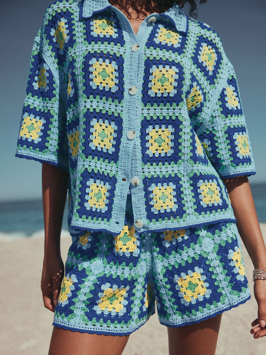 Blue/Green Square Crochet Shirt