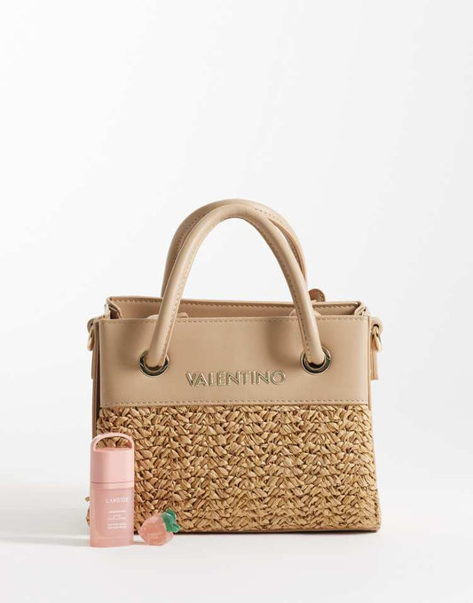 Valentino Alexia summer raffia top handle bag with crossbody strap in neutral - NUDE