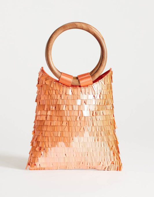 Topshop Holly sequin grab bag with wooden handle in coral