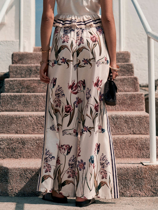 White/Green Tulip Print Palazzo Wide Leg Trousers