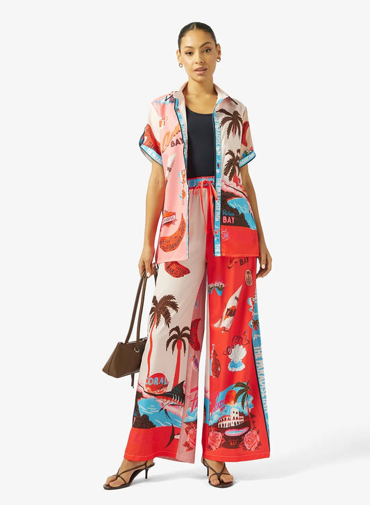 Oversize Satin Tropical Print Shirt & Pant Coord Set