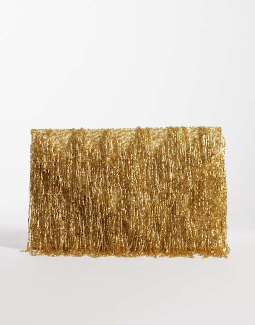 True Decadence tassle embellished envelope clutch bag in gold