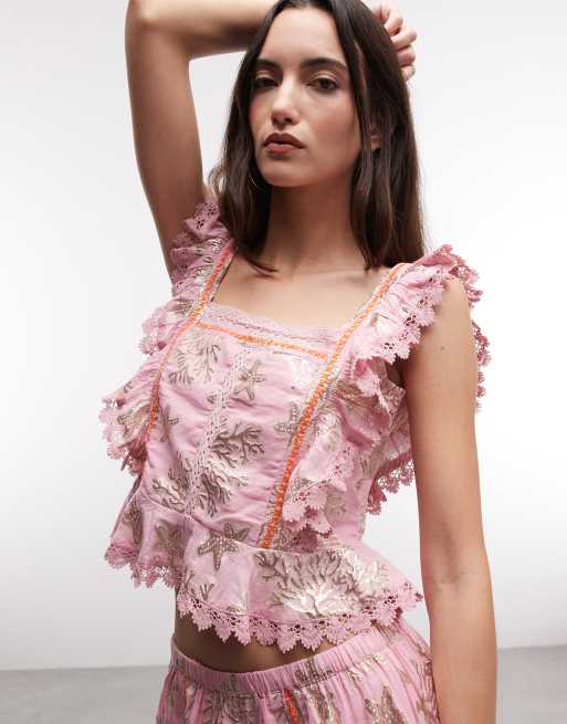 River Island sealife embroidered ruffle blouse in coral