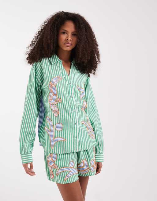River Island striped toucan embellished shirt in green