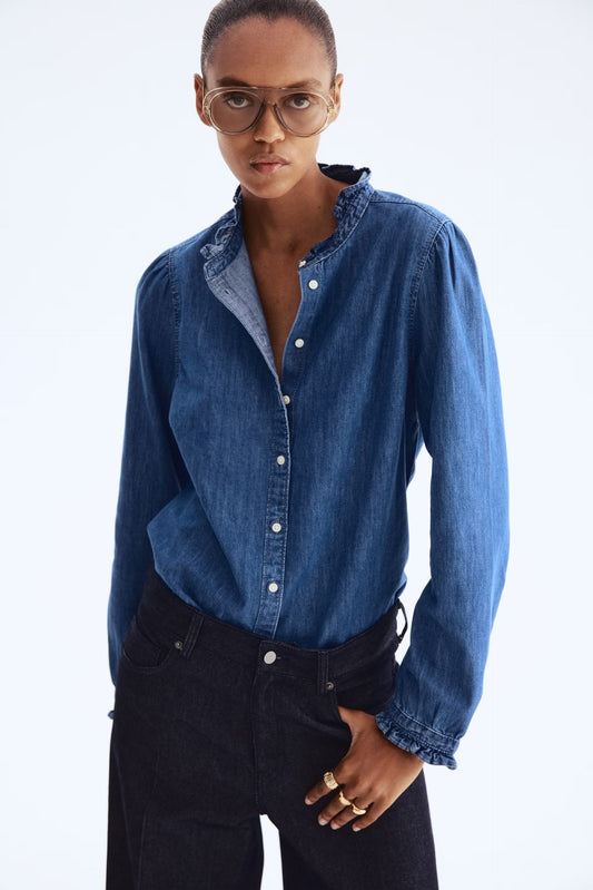 Frill-trimmed denim blouse