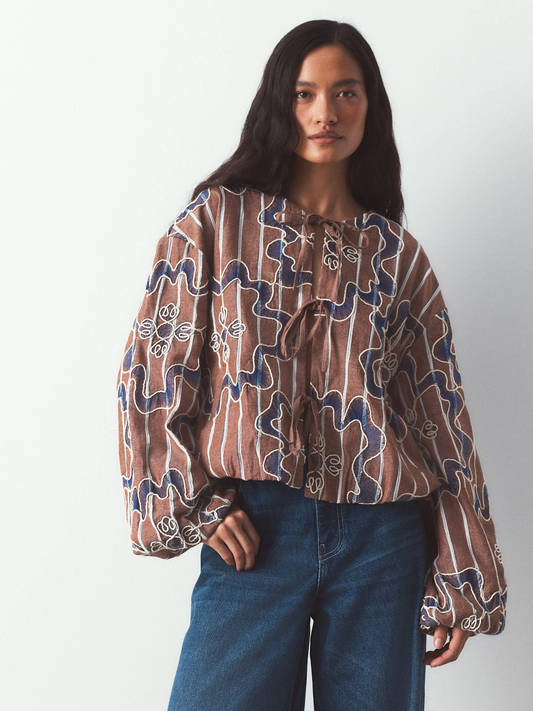 Chocolate Brown/Blue Cornelli Embroidered Bomber Jacket