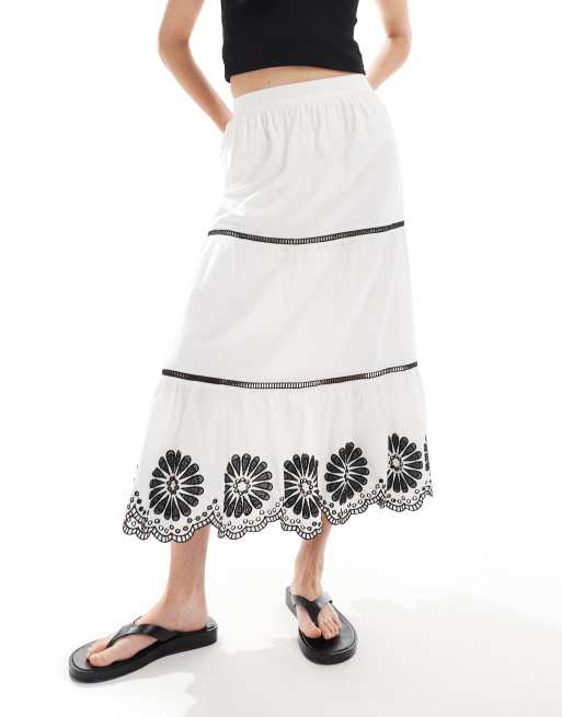 New Look tiered floral hem midi skirt in white