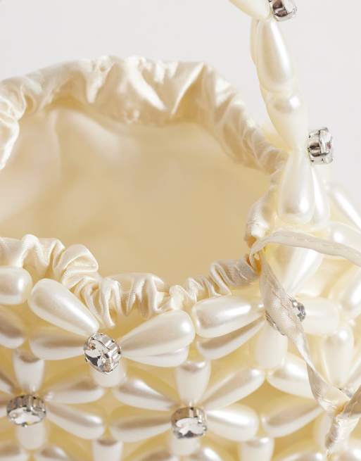 River Island flower pearl beaded grab bag in cream