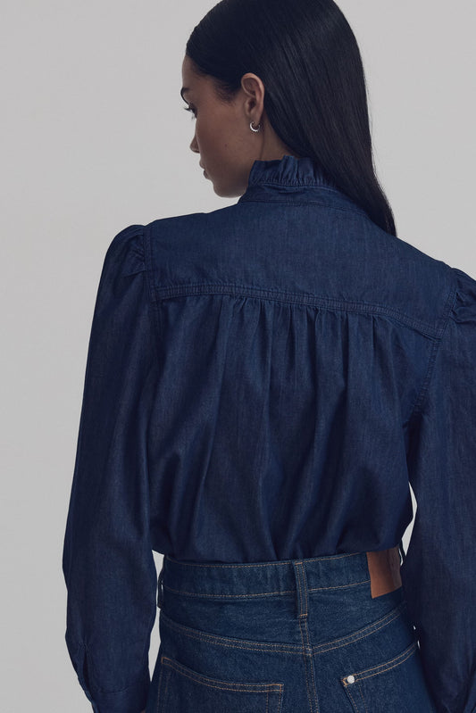 Frill-collared denim blouse