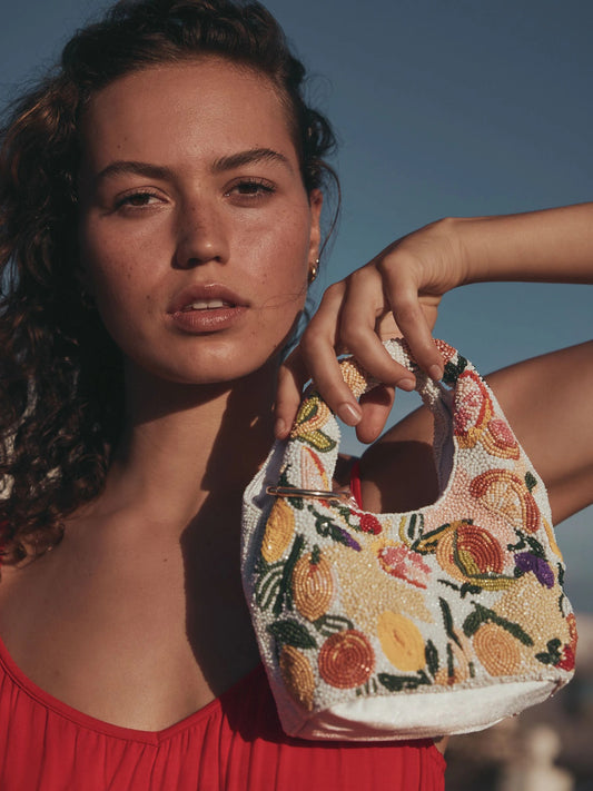 Print Beaded Fruit Top Handle Bag