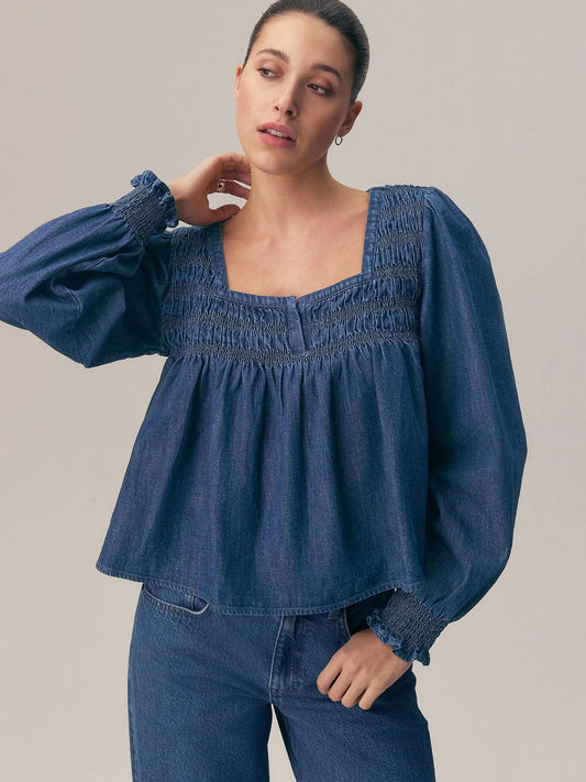 Dark Blue Long Sleeve Shirred Blouse