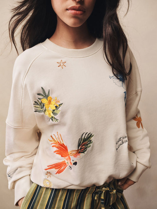 Cream Tropical Embroidered Sweatshirt