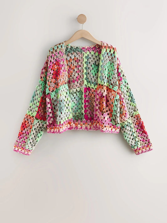 Multi Pink/Green Hand Knit Long Sleeve Crochet Cardigan