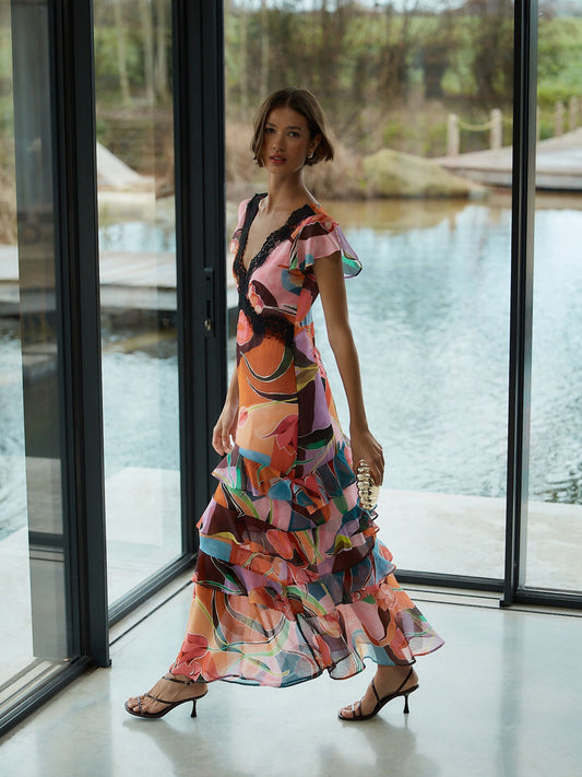 Pink Floral Lace Trim V-Neck Tiered Maxi Occasion Dress