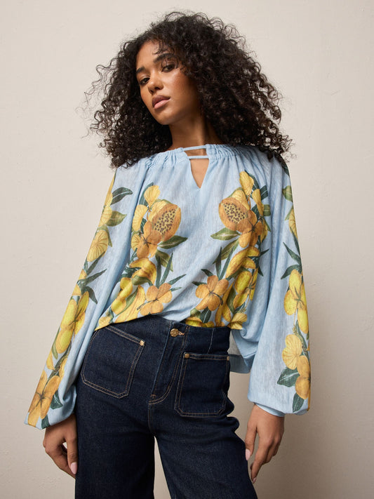 Blue Floral Print Long Sleeve Notch Neck Blouse