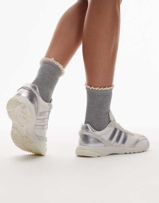 adidas Originals Adios OG trainers in white and silver pony hair