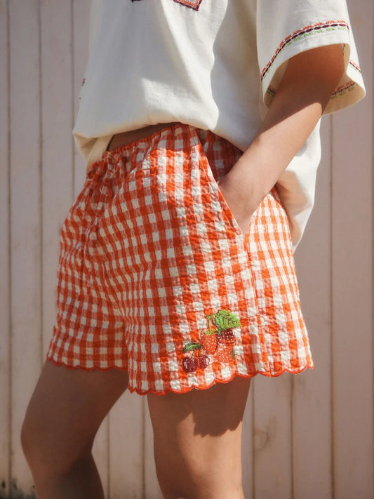 Red Textured Gingham Summer Shorts