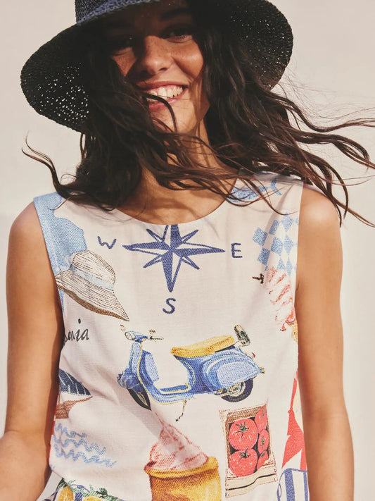 Cream/Red Map Print Linen Blend Shell Top