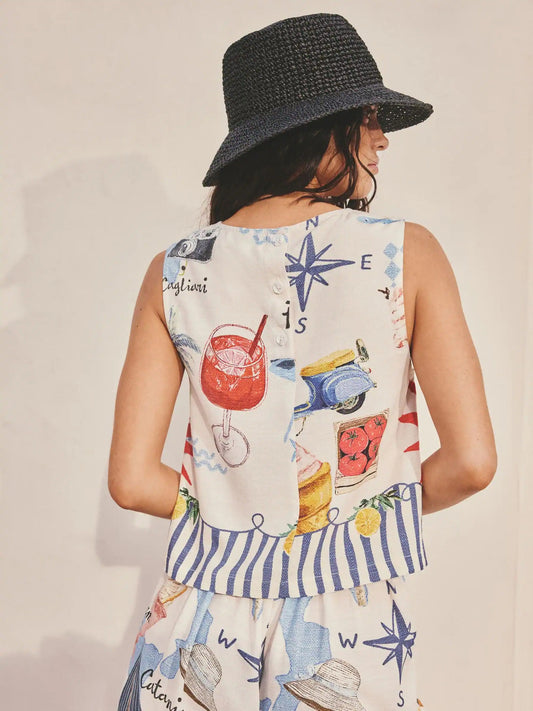 Cream/Red Map Print Linen Blend Shell Top
