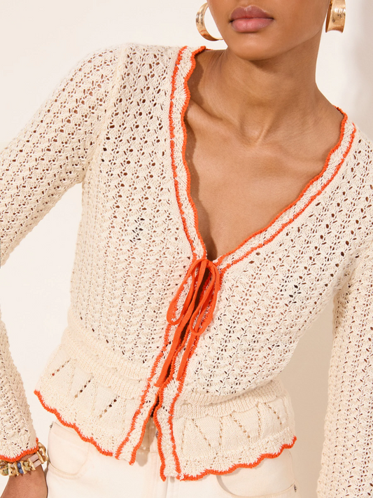 Lipsy Cream Zig Zag Metallic Long Sleeve Crochet Tie Front Knit Cardigan