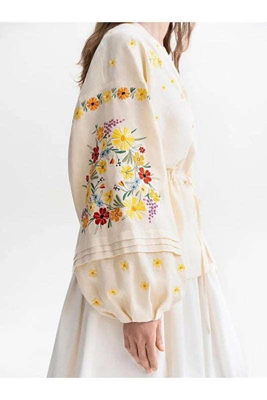 Floral Embroidered Shirt with Tie Detail