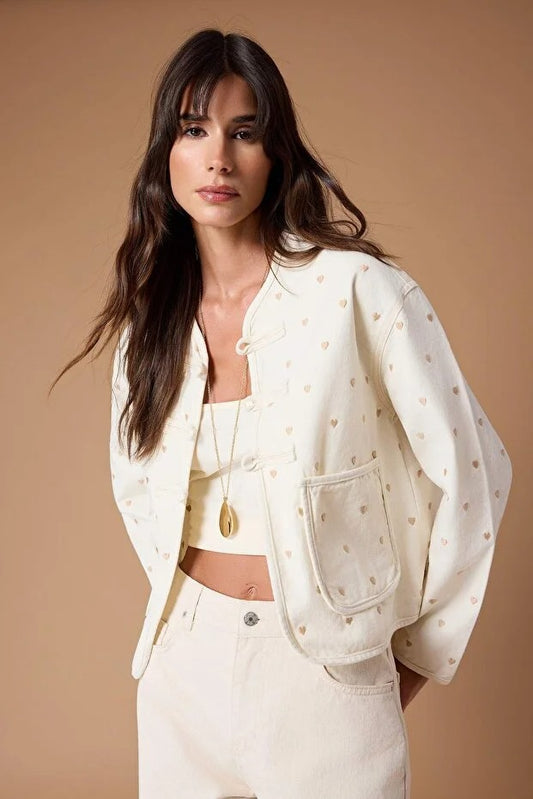More Sustainable Ecru Heart Embroidered Pocket Detailed Denim Jacket