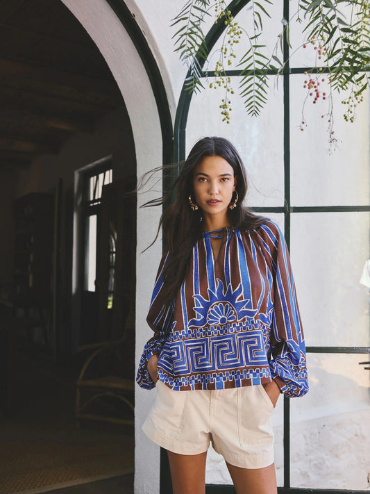 Brown/Blue Greek Print Long Sleeve Notch Neck Blouse