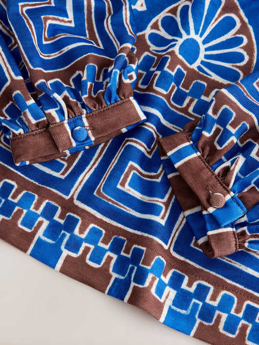 Brown/Blue Greek Print Long Sleeve Notch Neck Blouse