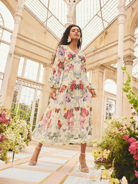 Love & Roses x RHS Ivory Floral Chiffon Pleated V-Neck Midi Dress