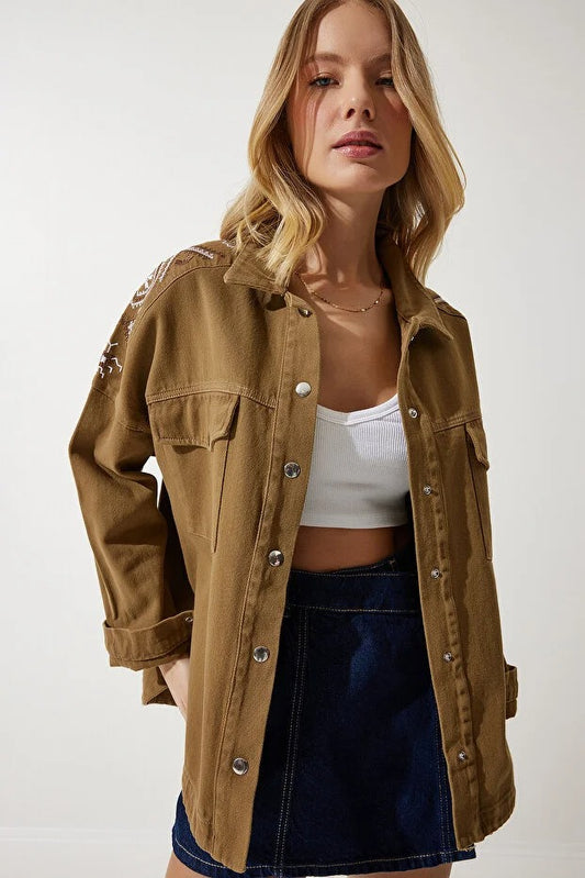Women's Khaki Embroidered Shirt Jacket