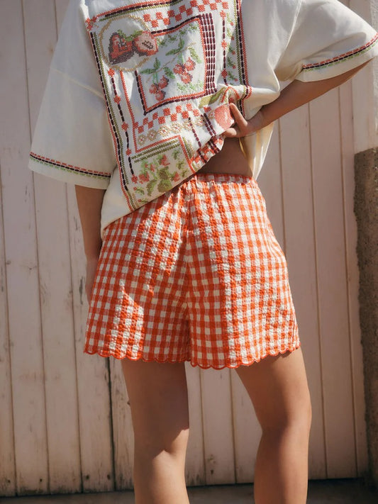 Red Textured Gingham Summer Shorts