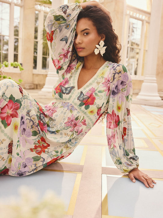Love & Roses x RHS Ivory Floral Chiffon Pleated V-Neck Midi Dress
