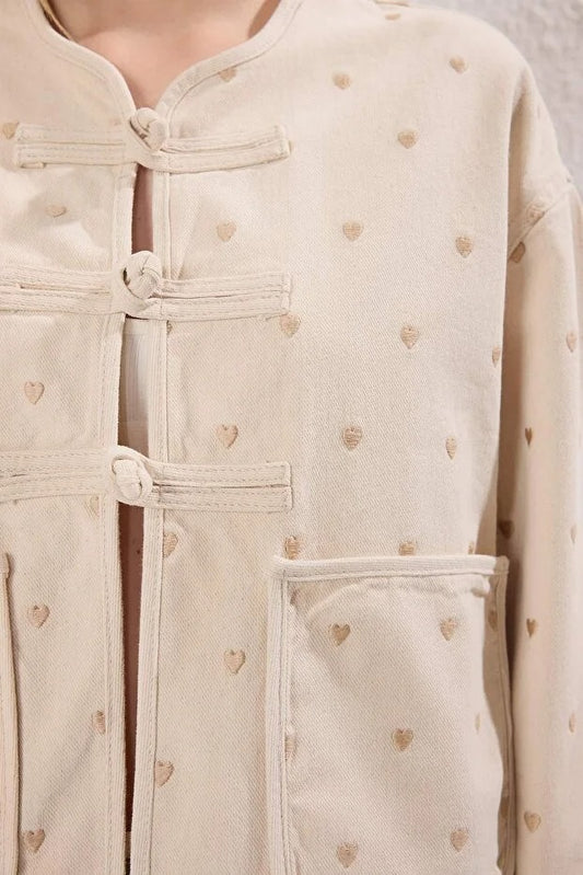 More Sustainable Ecru Heart Embroidered Pocket Detailed Denim Jacket