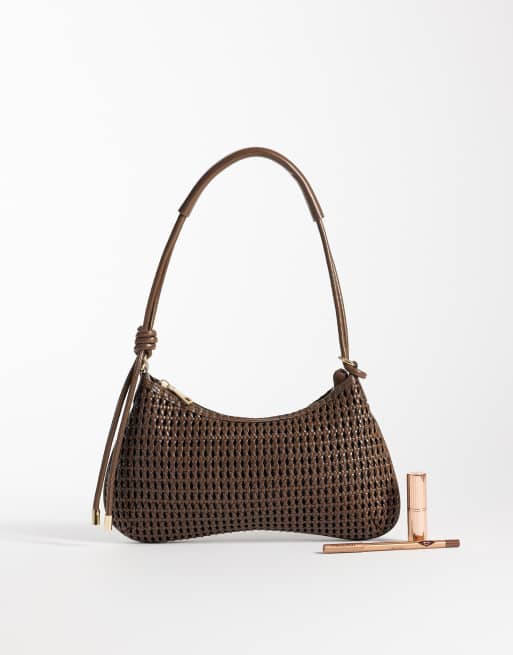 Weave shoulder bag with knot detail skinny strap in chocolate