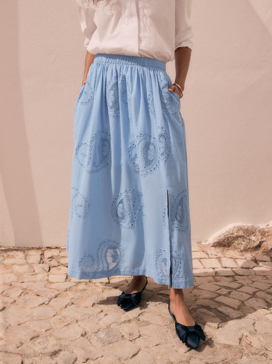 Blue N. Premium Embroidered Paisley Midi Skirt