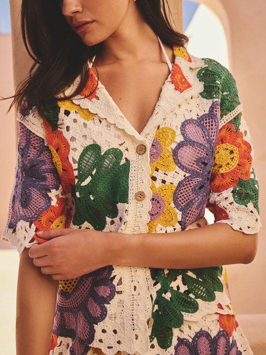 Red/Orange Fruit Crochet Sleeve Collared Shirt