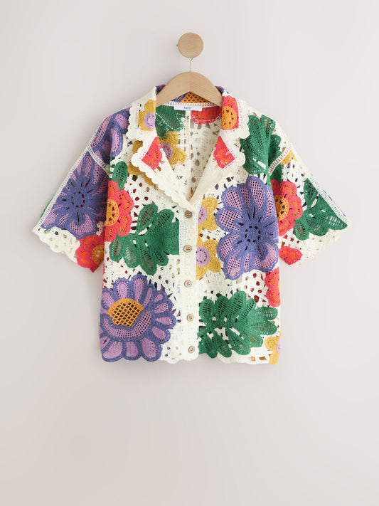 Red/Orange Fruit Crochet Sleeve Collared Shirt
