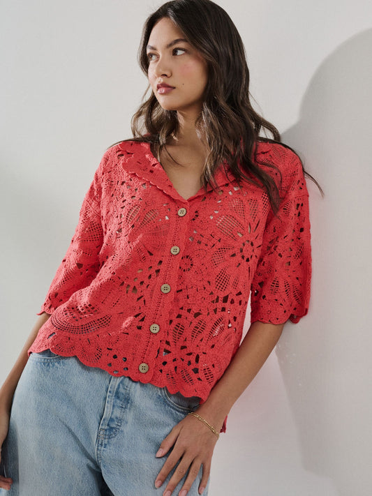 Red Floral Crochet Short Sleeve Collared Shirt