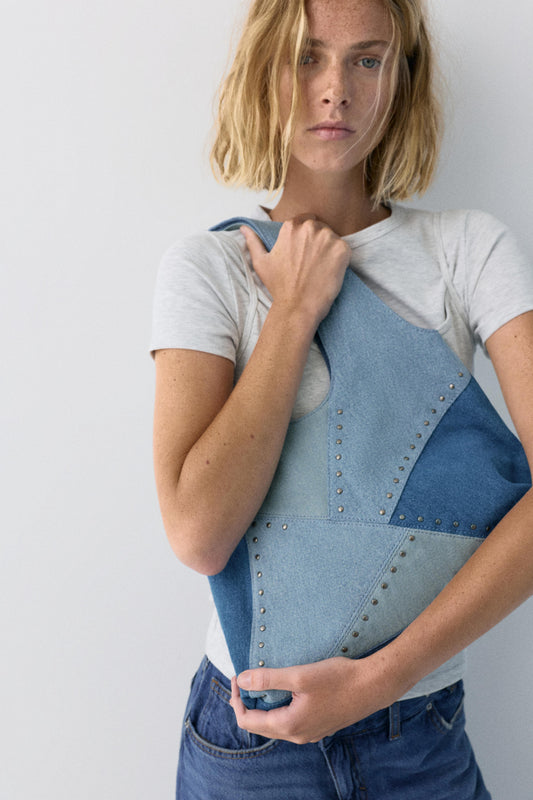 Denim patchwork shopper bag