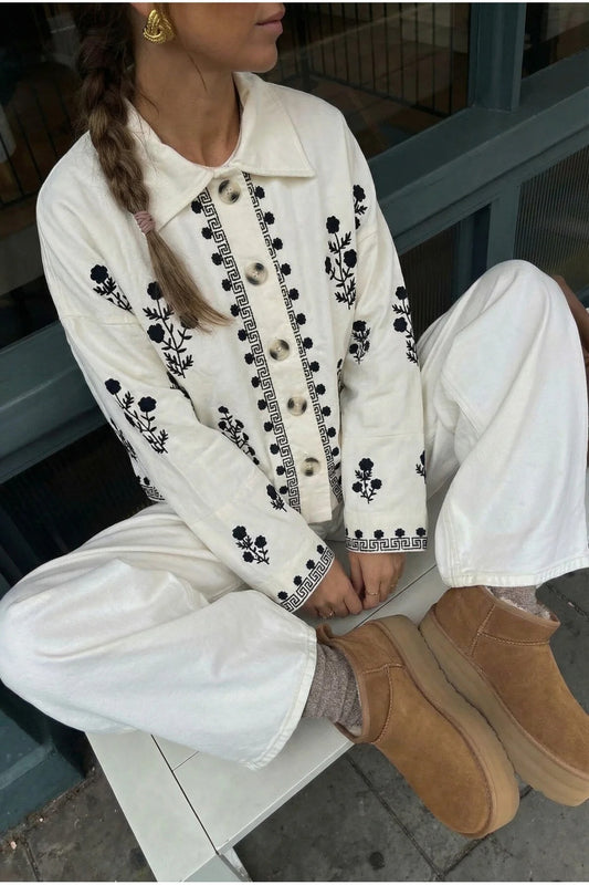 Women's White Embroidered Buttoned Jacket
