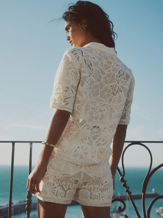 Ecru Crochet Short Sleeve Shirt