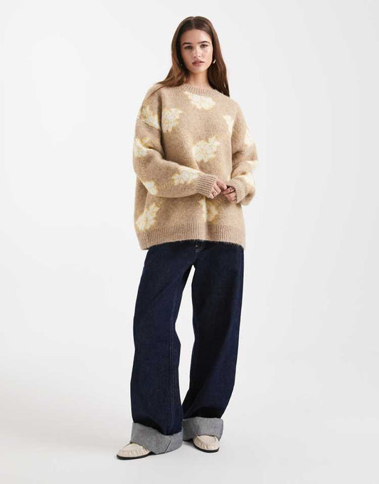Oversized sweater in yellow floral pattern in wool