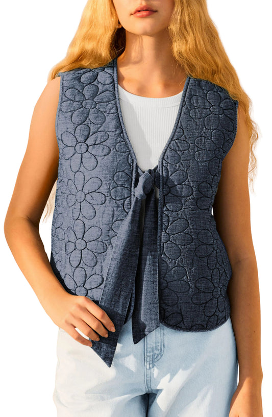 Blue Denim Padded Daisy Embroidered Tie Front 100% Cotton Gilet